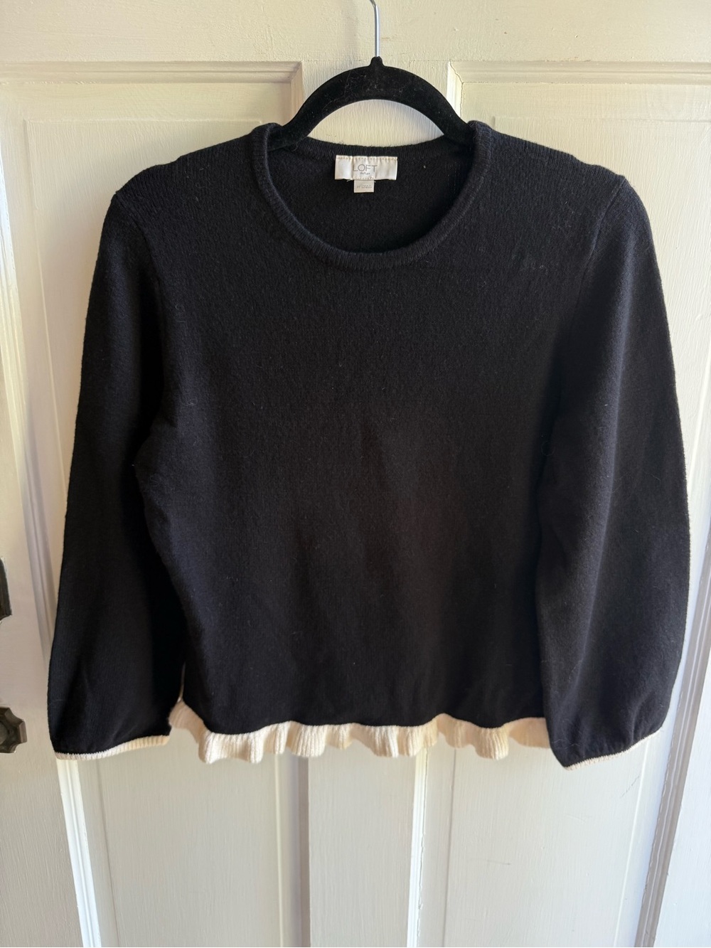 LOFT Black Crewneck Sweater with Cream Ruffle Hem
